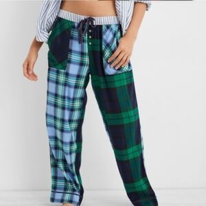 AERIE Flannel Pajama Pants Women's Medium M Blue Green Plaid Pockets Drawstring